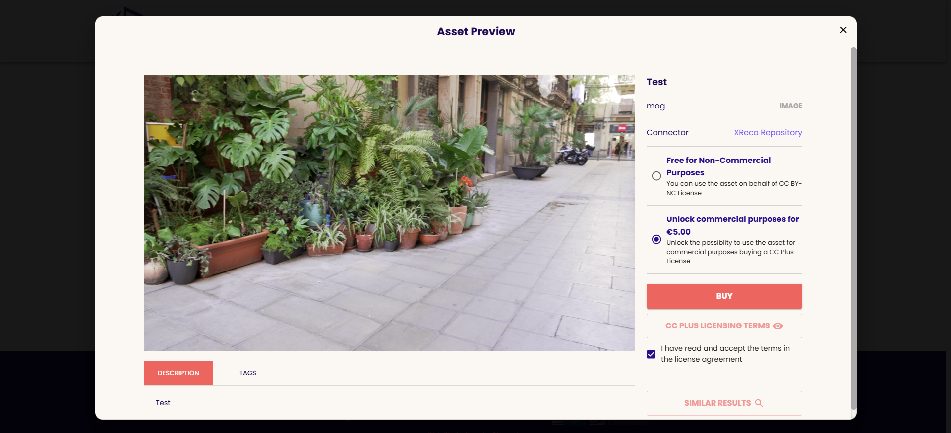 Figure2_Asset preview in the XReco marketplace, with the option to purchase a CC-Plus license