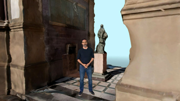 Figure 2_XReco_3D Productions XReco_Stand-in-presenter Nico Patz (DW) inside the 3D reconstruction of the Valentino Arch, including a 3D version of the statue of Saint Barbara.