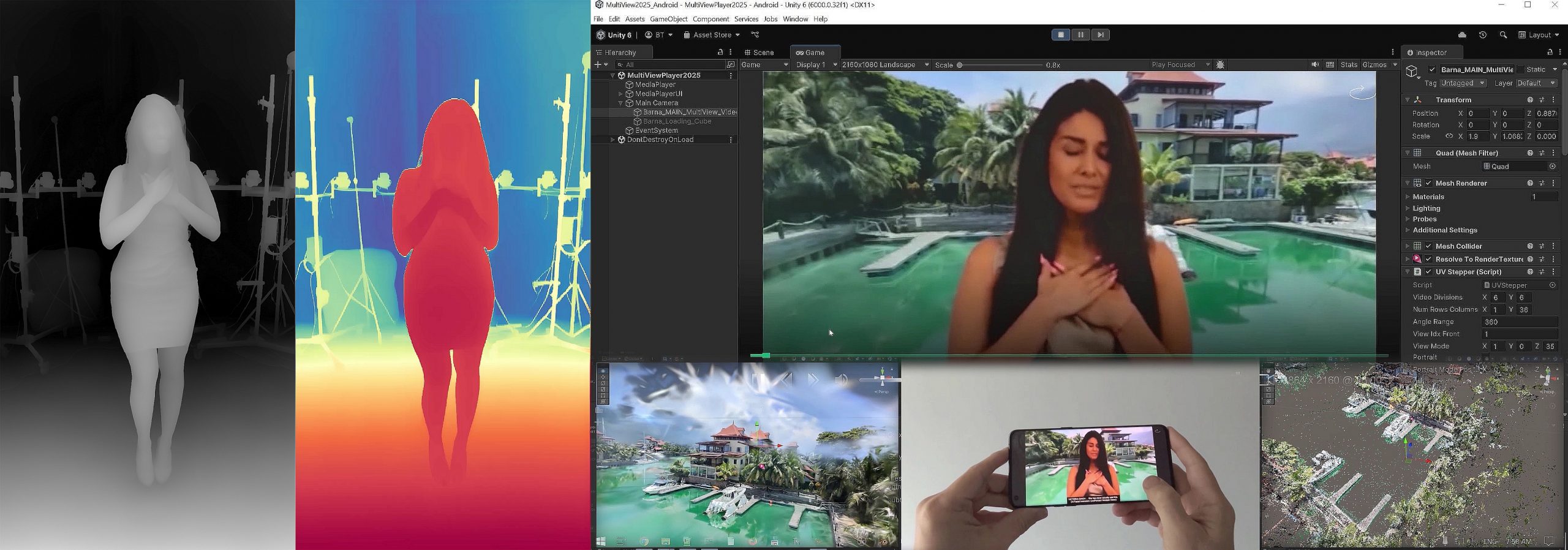 Figure3_HumanMattingDepthEstimation_V2 Matting and depth-estimation for segmentation (left), Building scenes in Unity Authoring Tool (right).