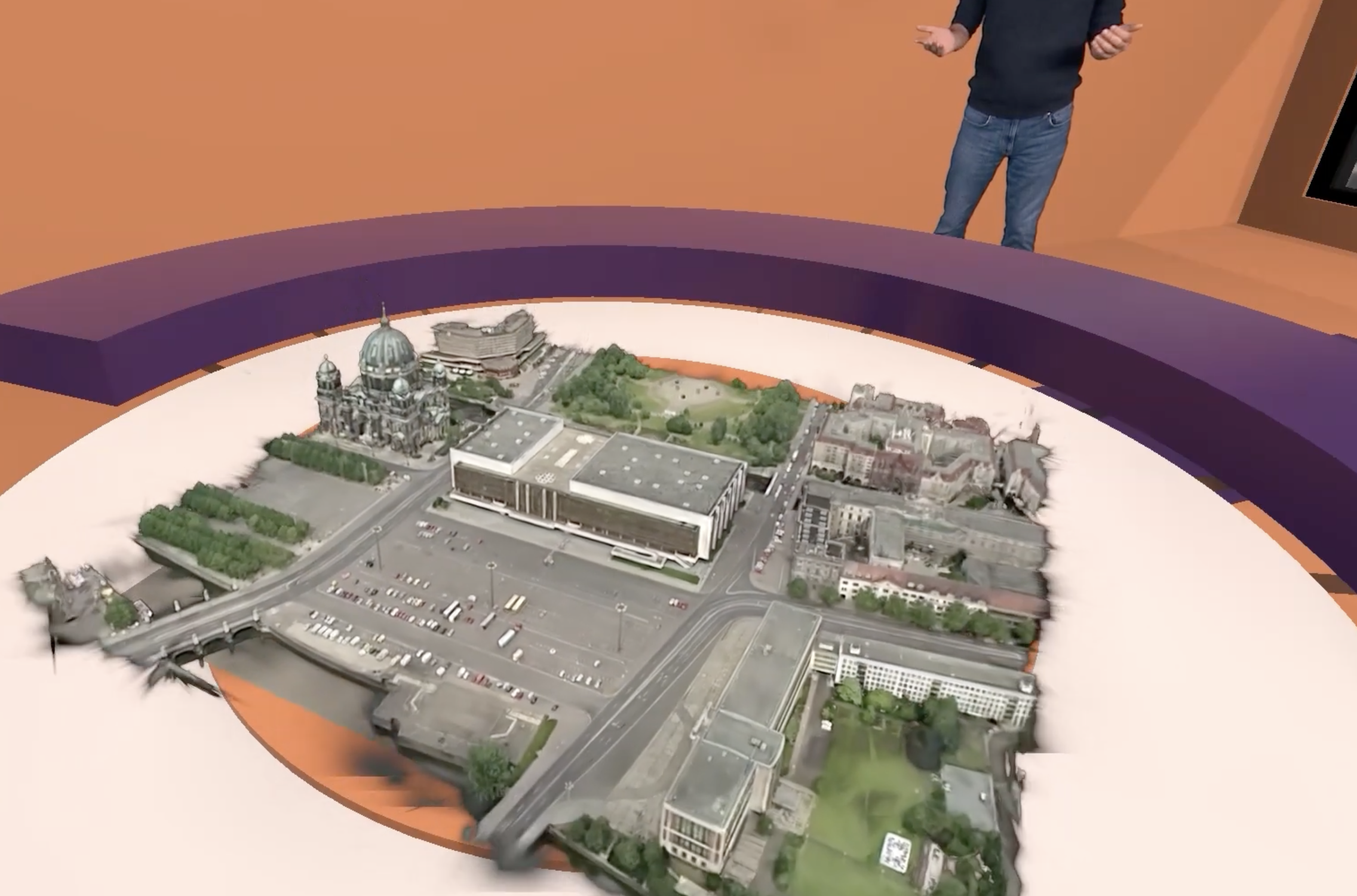 The XReco virtual studio in Unity, showing a 3D model of the palace of the Republic.