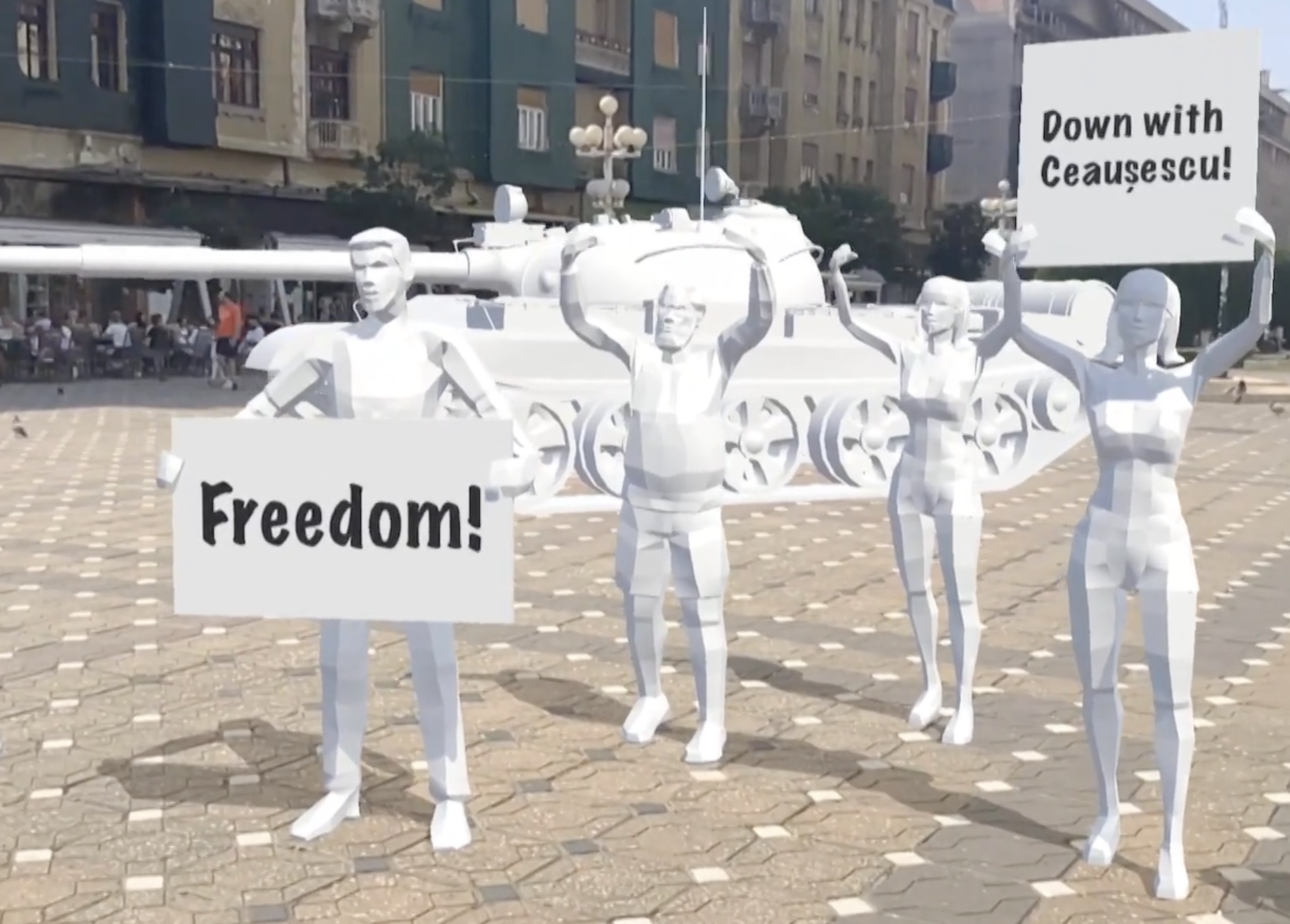 ZAUBARS AR experience: Historic Timisoara. 3D models of people holding signs.